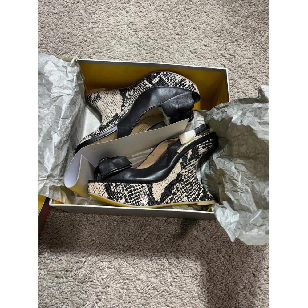 Kelsi Dagger Vixen Black Leather Snakeskin Print Platform Wedge Slingback 7M
